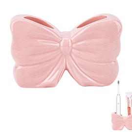 Biiange Cute Toothpaste Holder, Ceramic Toothbrush Holder, Bow Toothbrush Holder, Bathroom Countertop Accessories, for Bathroom Canister Storage Organization, Vanity Makeup Organizer (Pink)