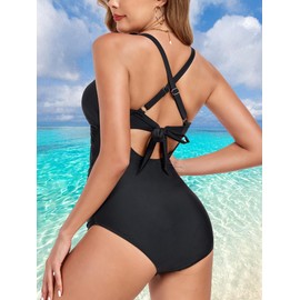 Smismivo - Traje de baño de una pieza para mujer, con control de barriga, corte alto, traje de baño fruncido, Negro -, M