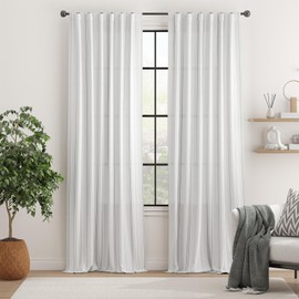 jinchan White Curtains Grey Striped Curtains 96 Inch Length for Living Room Bedroom Window Treatment Modern Linen Look Ticking Stripe Pinstripe Privacy Light Filtering Back Tab Rod Pocket 2 Panels