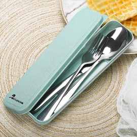 Ansukow 16-Piece Portable Travel Utensils Set with Case, 18/8 Stainless Steel Reusable Silverware Set,Easy to Clean, Dishwasher Safe,for Lunch Box Workplace Camping School Dorm Picnic