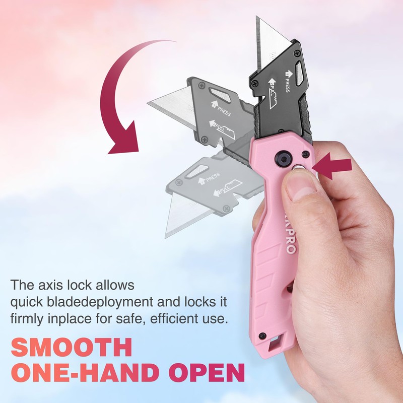 WORKPRO Folding Utility Knife, Quick Change Box Cutter, Pink Razor