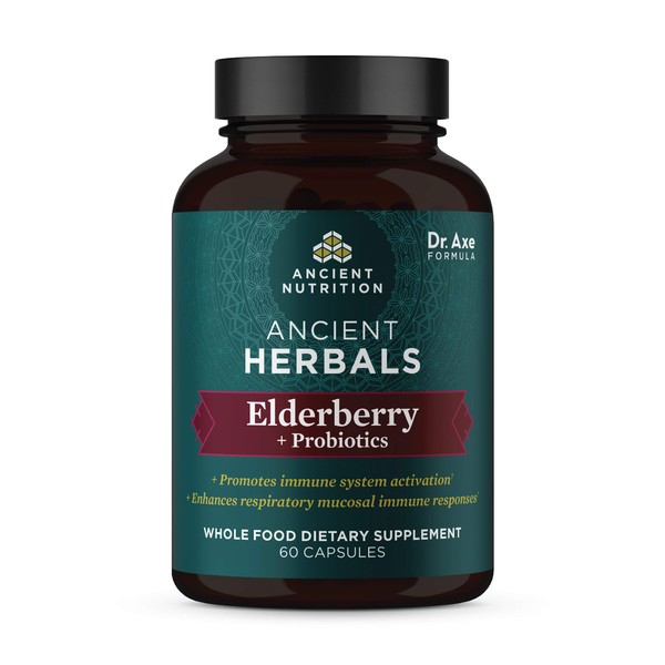 Elderberry and Probiotics Supplement by Ancient Nutrition, Ancient Herbals Black Elderberry Capsules, Immune System Support, Whole Food Supplement, Gluten Free, Paleo and Keto Friendly, 60 Capsules