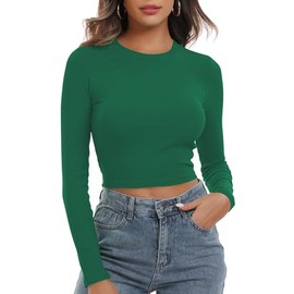 Artfish Women's Round Neck Long Sleeve Knit Ribbed Fitted Crop Top Casual Basic Shirts (Emerald Green, M)