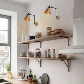 KSANA Gold Swing Arm Wall Sconce 2 Pack, Modern Black Wall Sconces Lighting Plug-in or Hardwired Adjustable Wall Lamp for Bedroom, Kitchen, and Living Room