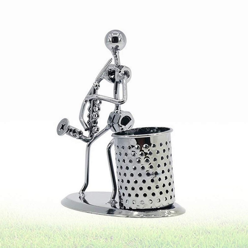 Metal Art Pen Pencil Holder Iron Saxophone Man Music Figure