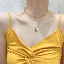 TseenYi Gold Layered Necklace Boho Layered Coin Disc Necklace Multilayer Paper Clip Chain Choker Necklace Chain Jewellery for Women and Girls Gifts