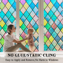 Colorful Stained Glass Window Film, Rainbow Door Privacy Films Static Cling Window Tint Decorative Sun Catcher Decal Heat Cotrol Anti UV for Home and Office,17.5x78.7 in.