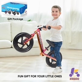 KRIDDO Toddler Balance Bike 2 Year Old, Age 24 Months to 5 Years Old, 12 Inch Push Bicycle with Customize Plate (3 Sets of Stickers Included), Steady Balancing, Gift Bike for 2-3 Boys Girls, Xred