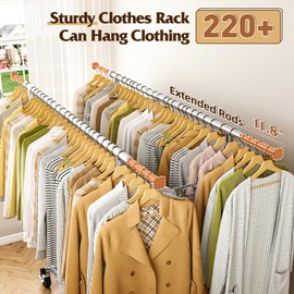 Raybee Clothes Rack Load 630LBS, Heavy Duty Clothes Rack, Rolling Clothing Racks for Hanging Clothes with Wheels, Adjustable & Commercial Garment Rack, 22" D x 75" W x 68" H
