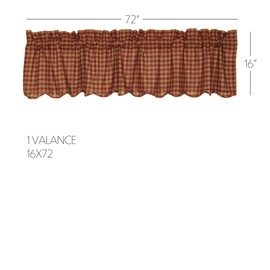 VHC Brands Burgundy Check Primitive 16"x72" Valance Red Rod Pocket Cotton Kitchen Window Curtains