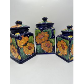 Handcrafted Folk Art Talavera Canisters - Set of 3 XL Mexican Pottery Jars - Cookie, Ginger, Flour & Coffee Canister - Kitchen Decor - Kitchen Storage