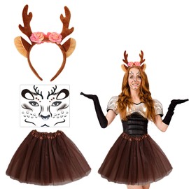 KEELYY Reindeer Costume Women's Tulle Skirt Brown with Headband Antlers and Reindeer Face Tattoos, Deer Costume Animal Costume for Carnival Christmas Theme Party Cosplay