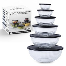 COOK WITH COLOR 12 Pc Glass Mixing Bowl Set with Lids – Borosilicate Glass Nesting Bowls for Cooking, Baking and Meal Prep, Fluted Black