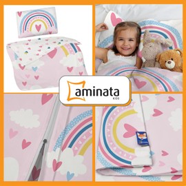 Aminata kids Children's Bed Linen 100 x 135 cm Children's Girls Cotton Rainbow Reversible Children's Bedding Set Clouds Hearts YKK Zip Pink