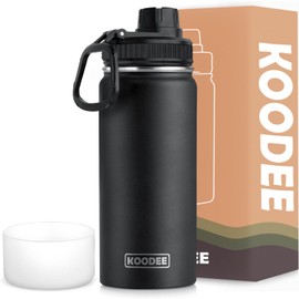 koodee 16 oz Water Bottle Stainless Steel Double Wall Vacuum Insulated Water Bottle for School Wide Mouth Sports Bottle with Leakproof Spout Lid (Black)