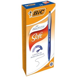 BIC Atlantis Soft Ballpoint Pen in Blue, Line Width 0.32 mm, Refillable, Pack of 12, Ideal for the Office, Home Office or School