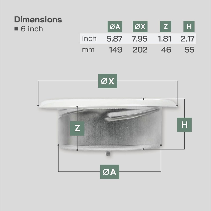 Vent Systems 6" Inch White Metal Adjustable Diffuser - Round