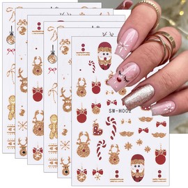 Christmas Nail Art Stickers Decals 3D Gold Glitter Christmas Nail Stickers 6PCS Elk Lantern Ball Gingerbread Man Candy Cane Christmas Nails Adhesive Decals Nail Art Supplies for Nail Art Decorations