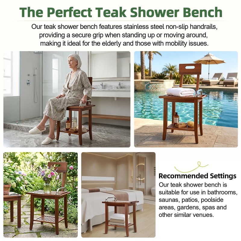 Shower Stool with Shelf and Handrails, Solid Water-Resistant Teak Shower