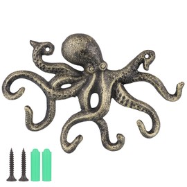 BIMUYI Cast Iron Octopus Hook, Decorative Key Holder, Antique Coat Hanger (Bronze)