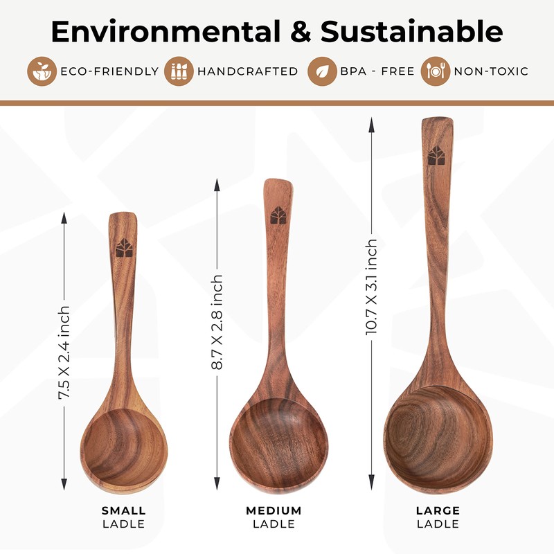 Wooden Ladle Spoon Set, 3 Size Teak Wood Kitchen Serving