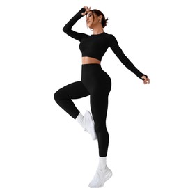 SweatyRocks Women's 2 Piece Sports Outfit Solid Cut Out Back Long Sleeve Crop Top and Leggings Set Activewear Black M