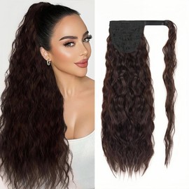 Long Corn Wave Ponytail Extension 22inch Clip in Curly Wavy Pony Tail Wrap Around Hairpieces for Women(Medium Brown #4)