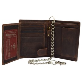 MARSHAL Men's Chain Biker Vintage Leather RFID Blocking European Style Bifold Trifold Wallet with ID Window (Brown With Chain)