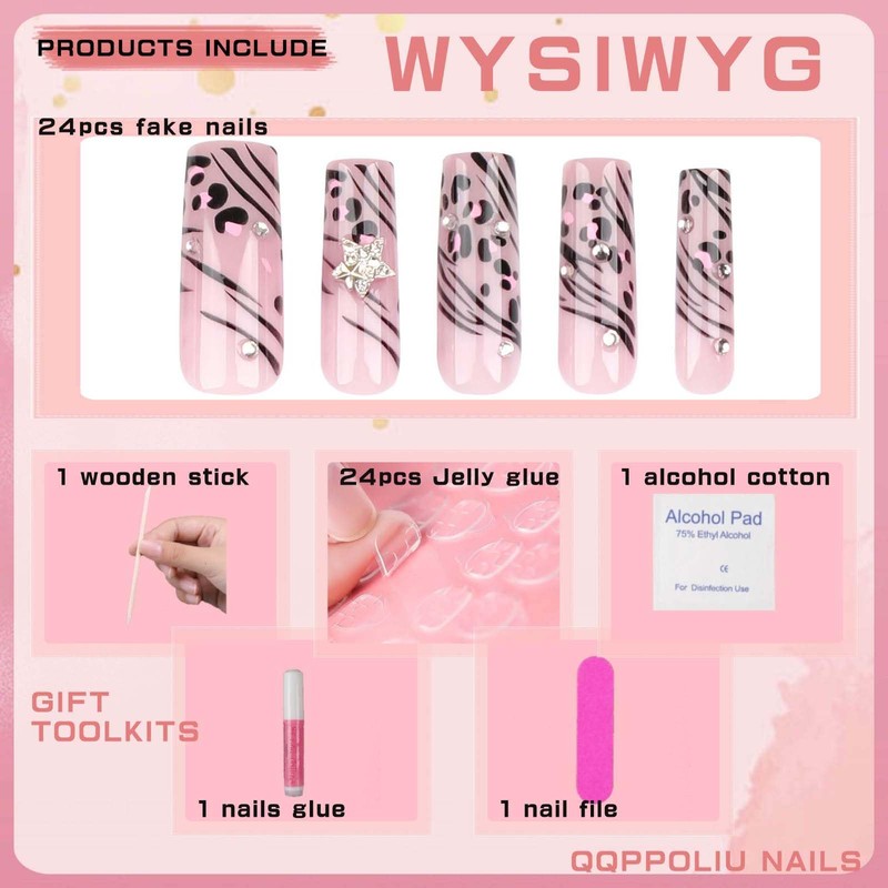 QQPPOLIU Long Press on Square Nails,Pink Fake Nails with Striped