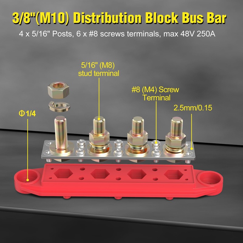 MOFEEZ Power Distribution Block Bus Bar, 4 x 5/16" Posts,