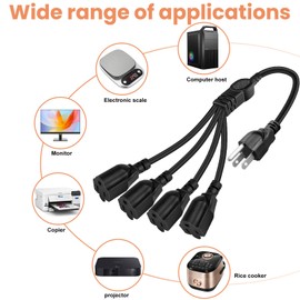 LBSC 3 Prong Outlet Splitter Extension Cord,1-to-4 Indoor Outdoor Extension Cord,20 inch Y-Type Power Splitter,SJT 16AWG,UL Approved for Home Office Appliance,LED Stage Lights and Electronics(Black)