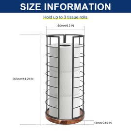 NearMoon Toilet Paper Organizer Stand, Freestanding 3 Rolls Tissue Storage, Metal Bathroom Accessory, Rustproof Toilet Roll Holder for Kitchen Countertop Inside Cabinet Shelf(Wooden Base, Matte Black)