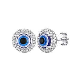 Sterling Silver Evil Eye Stud Earrings, Sparkling Blue Sapphire Eyes Ear Stud, Cute Mini Cubic Zirconia Earrings for Females