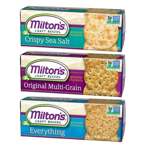 Milton's Gourmet Galletas horneadas, paquete de variedad de 3 sabores: múltiples granos, ajo y hierbas, y todo sabor, sin OMG, 8.5 onzas cada uno. El embalaje puede variar