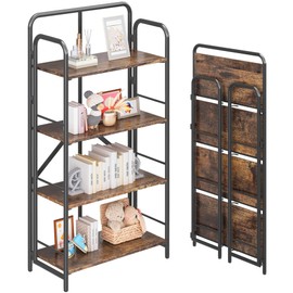 4NM No Assembly Folding Bookshelf, 4 Tier Vintage Industrial Book Shelf,Metal Foldable Storage Bookcase and Bookshelves for Living Room,Bedroom and Kitchen - Rustic Brown