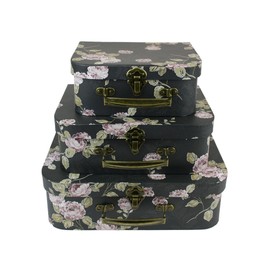 Emartbuy Set of 3 Rigid Luxury Presentation Suitcase Storage Gift Box, Black Floral Print, Black Interior with Metal Handle and Clasp