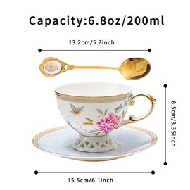 PANAOAHU Tea Cup and Saucer Set, Floral Butterfly Vintage Tea Cup with Gold Trim, Bone China Coffee Cup with Saucer and Spoon, Porcelain Cup and Saucer Set for Women and Tea Party, 6.8 oz