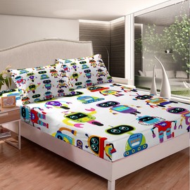 Erosebridal Kids Robot Bed Sheets Colorful Space Robots Bedding Set for Boys Juvenile Twin Cartoon Futuristic Machine Fitted Sheet Soft Breathable Bedding Bedroom Decor with 1 Pillow Case