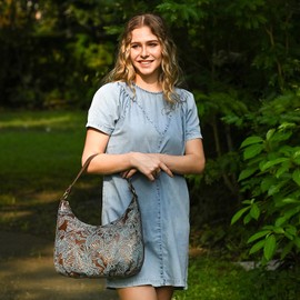 Anuschka Women's Original Hand-Painted Genuine Leather Ruched Hobo - Tooled Dragonfly Meadow Brown w/Turquoise