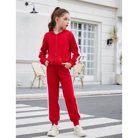 Arshiner - Conjunto deportivo de 2 piezas para niñas, sudadera con capucha y pantalón deportivo para 5 a 13 años, Rojo -, 7-8 Años