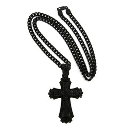 NYFASHION101 Stone Stud Layered Gothic Cross Pendant with 5mm 24" Cuban Chain Necklace in Black