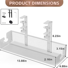 Under Desk Cable Management Tray, Cable Management Under Desk No Drill, Cable Management Tray with Desk Clamp for Home Office Standing Desk Wire Management, White