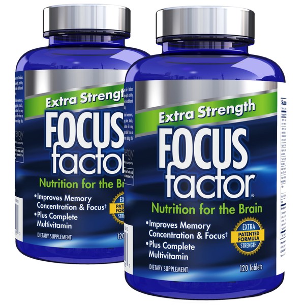 Focus Factor Adults Extra Strength, 120 Count- Brain Supplement for Memory, Concentration, Focus - DMAE, Vitamin D, DHA- Brain Health Supplement – Trusted Formula- Brain Vitamins, Focus Pills (2 Pack)