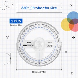 2 Pack 360° Protractors with Swing Arm – Transparent Plastic Full Circle Drawing Angle Rulers, Durable Geometry Tools for School, Classroom and Office(Random Colors)