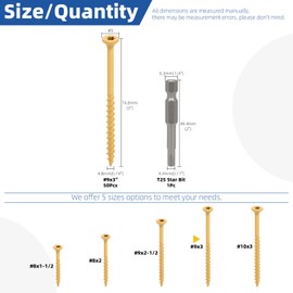 Glarks 51pcs 9x3’’ Deck Screws Kit, Includes 50pcs Star Torx Drive Flat Head Deck Screws and 1pcs T25 Torx Drill Bit, Exterior Decking Wood Screws for Timber/Landscaping
