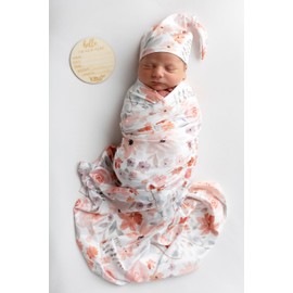 Vollmic Newborn Baby Girl Receiving Blanket Swaddle Blanket Stretchy Knit Swaddle Set with Matching Headband and Beanie (Orange)