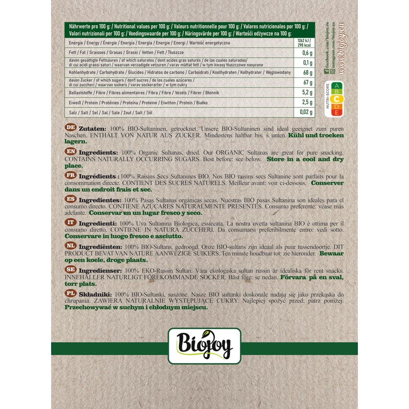 Biojoy Organic Sultanas (250g), Dried and Unsulphured
