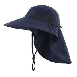 Magracy Mens Womens Outdoor Wide Brim Sun Hat with Neck Flap Mesh UV Protection Hat Gardening Fishing Hats Navy Blue