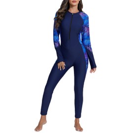 Halcurt Women Full Rash Guard Bathing Suit UPF 50 Long Sleeve Zipper One Piece Swimsuit Navy L