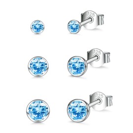 Sterling Silver Stud Earrings for Women Men Girls, 3 Pairs Small Blue Cubic Zirconia Stud Earrings Set, Hypoallergenic Tiny Sleeper Cartilage Tragus Earring Multiple Pirercings Kids Gifts, 2/3/4mm